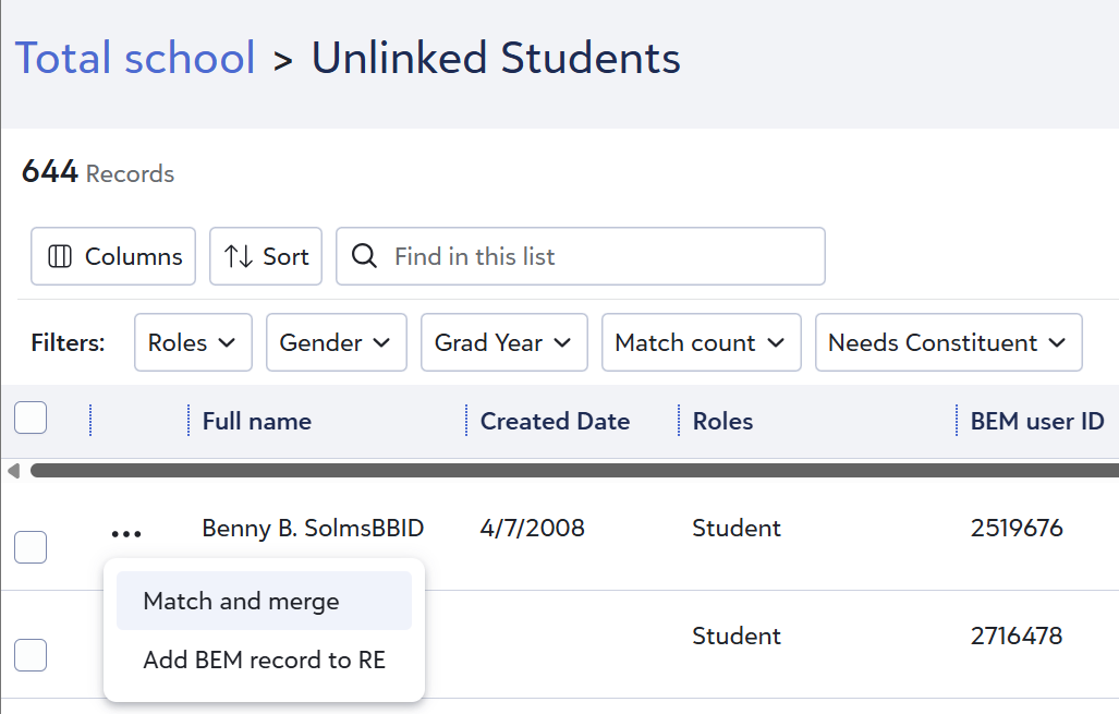 Unlinked Students screen
